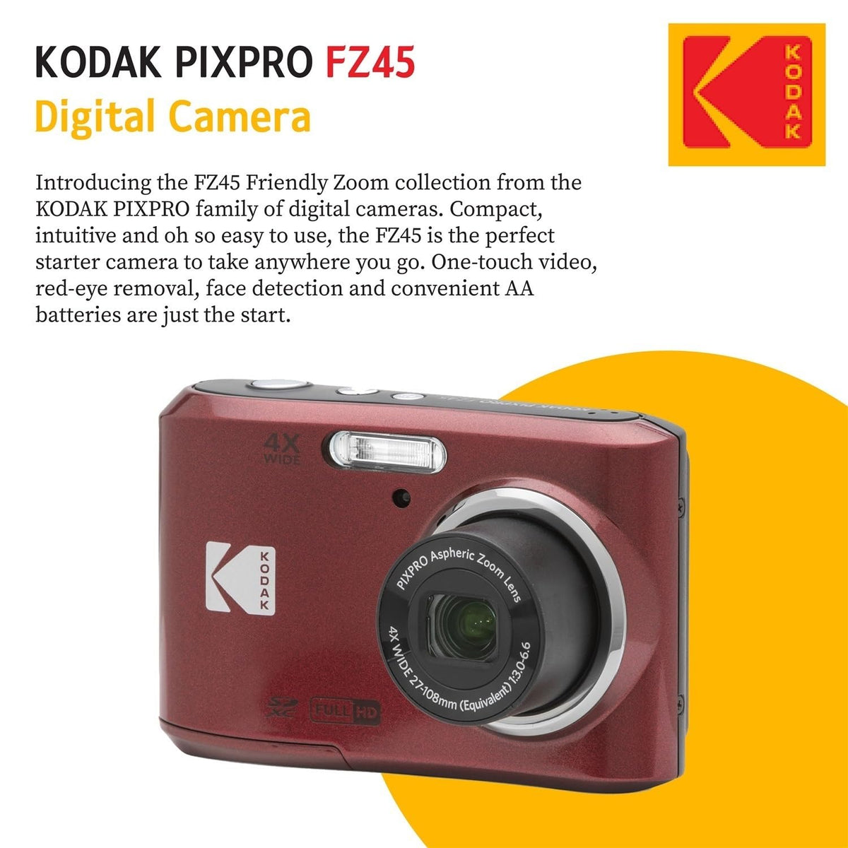 KODAK PIXPRO FZ45 16MP Digital Camera with 4X Optical Zoom 27mm Wide Angle and 2.7" LCD Screen Bundle with 32GB SD Memory Card, AA Batteries (4 Pack), Lens Cleaning Cloth (White)