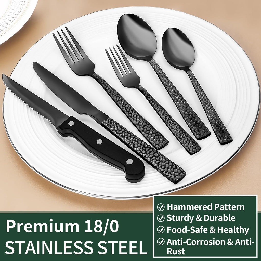 EWFEN 24-Piece Black Silverware Set with Steak Knives, Black Flatware Set for 4, Food-Grade Stainless Steel Tableware Cutlery Set, Mirror Finished Utensil Sets for Home Restaurant, Round Edge