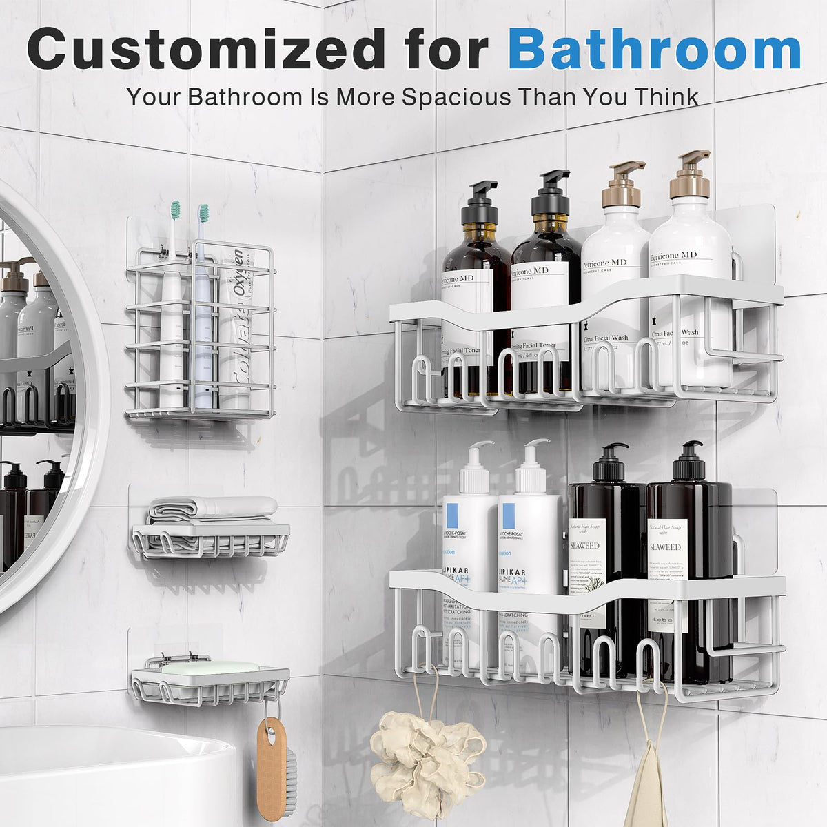 EUDELE Adhesive Shower Caddy, 5 Pack Rustproof Stainless Steel Bath Organizers With Large Capacity, No Drilling Shelves for Bathroom Storage & Home Decor