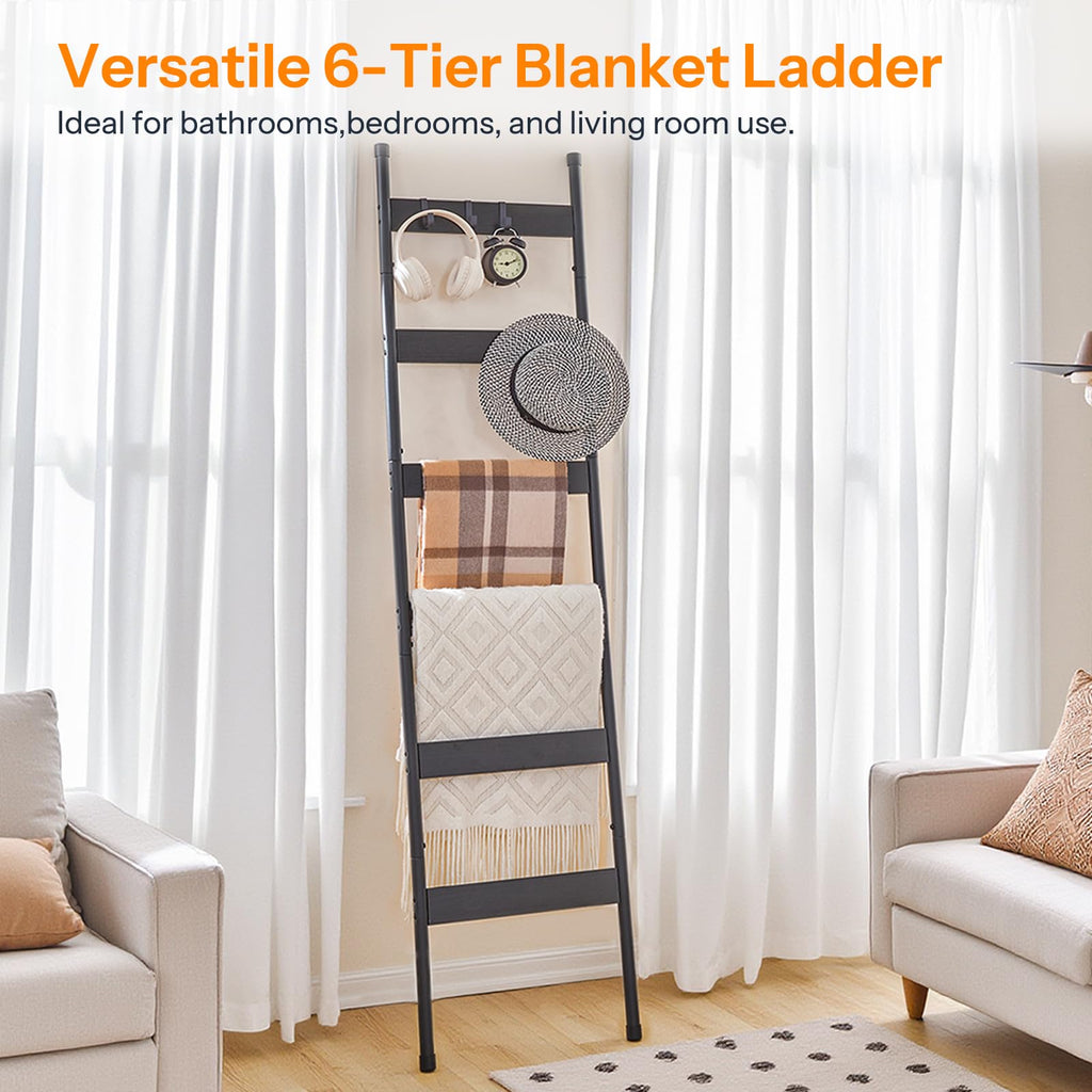 HOOBRO Blanket Ladder, 5-Tier Towel Rack with Hooks, Wall-Leaning Blanket Rack, Decorative Display Ladder Shelf, for Scarves, Industrial, Living Room, Bedroom, Rustic Brown and Black BF52CJ01G1
