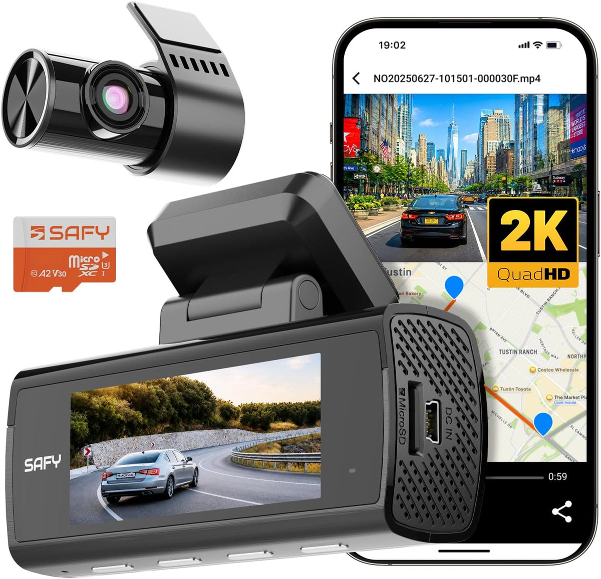 BlackVue SAFY8, 2K + 1080P Dash Cam Front and Rear, 64GB Included