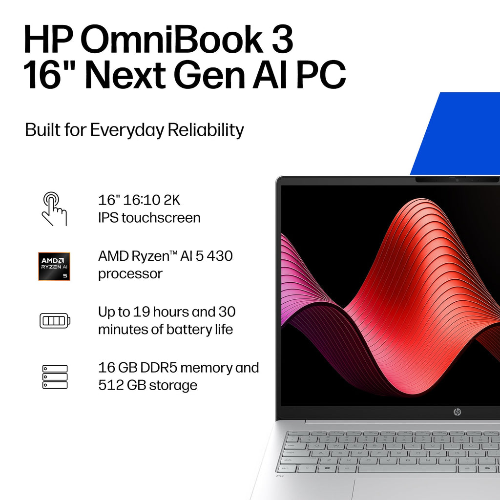 HP OmniBook 3 16 inch Laptop PC, 2K Touchscreen, AMD Ryzen 5 40, 8 GB RAM, 512 GB SSD, AMD Radeon 610M GPU, Windows 11 Home, Glacier Silver, 16-by0499nr