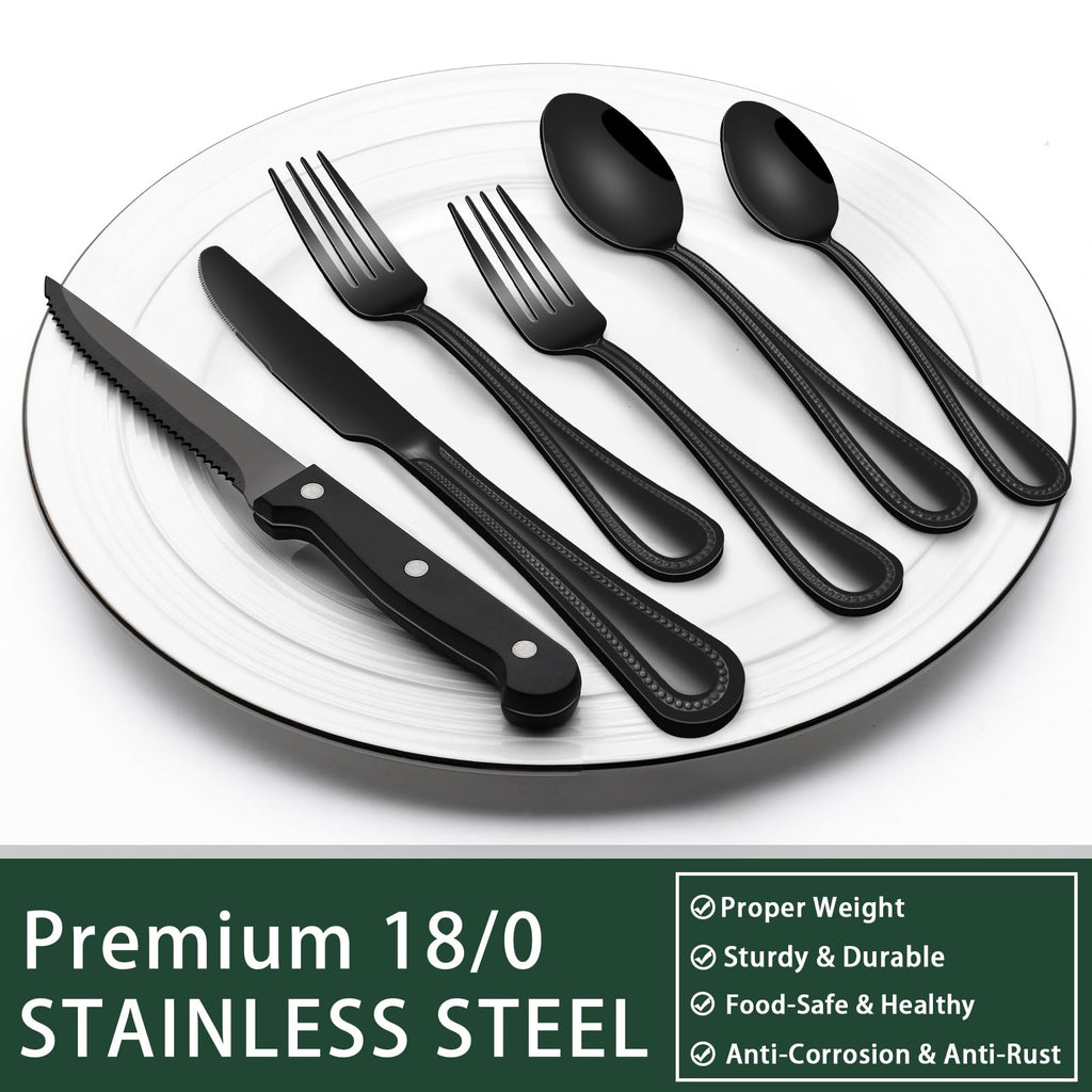EWFEN 24-Piece Black Silverware Set with Steak Knives, Black Flatware Set for 4, Food-Grade Stainless Steel Tableware Cutlery Set, Mirror Finished Utensil Sets for Home Restaurant, Round Edge
