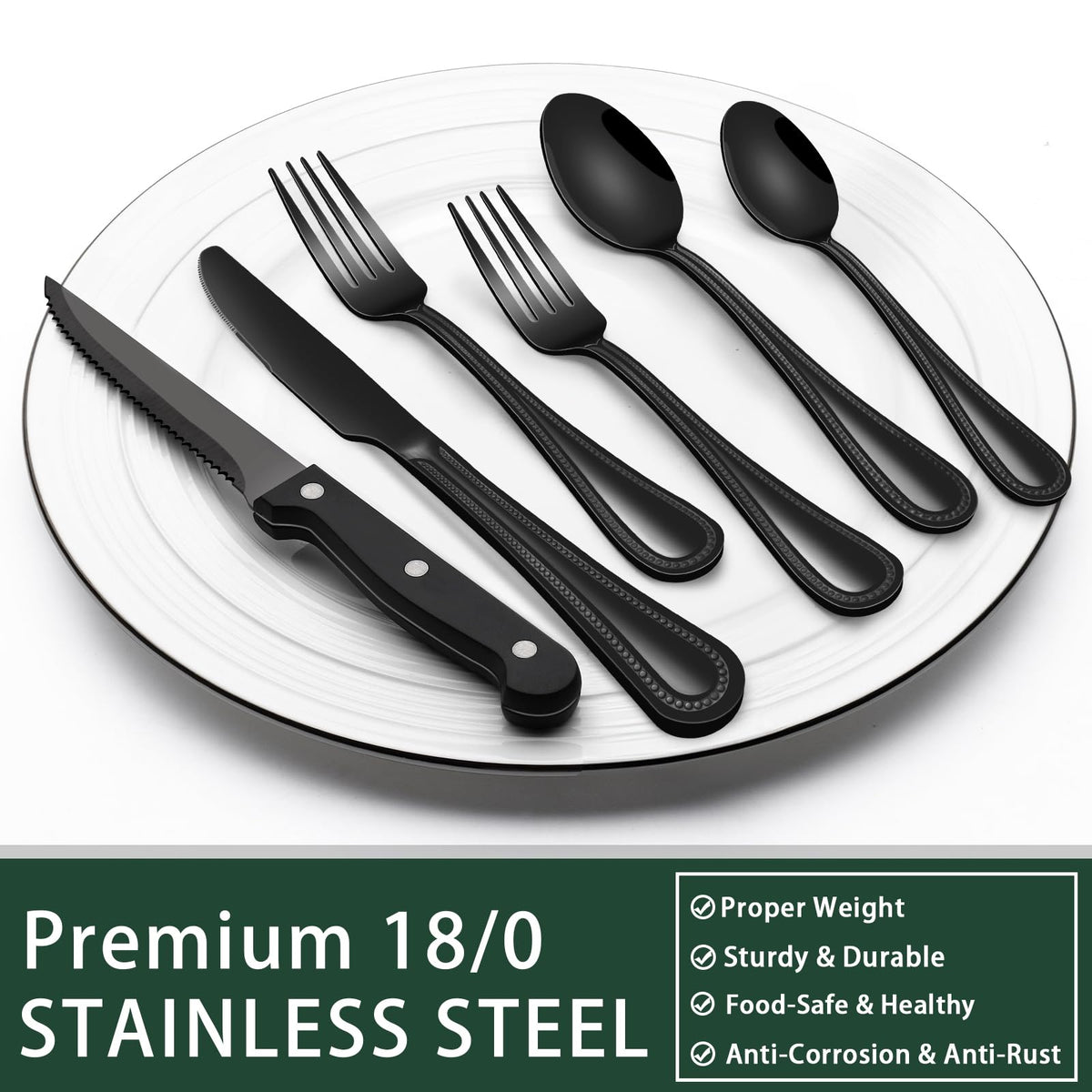EWFEN 24-Piece Black Silverware Set with Steak Knives, Black Flatware Set for 4, Food-Grade Stainless Steel Tableware Cutlery Set, Mirror Finished Utensil Sets for Home Restaurant, Round Edge