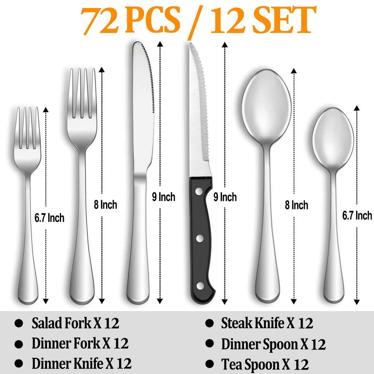 24 Pcs Silverware Set with Steak Knives for 4, Stainless Steel Flatware Set, Mirror Polished Cutlery Utensil Sets, Home Kitchen Eating Tableware, Dishwasher Safe