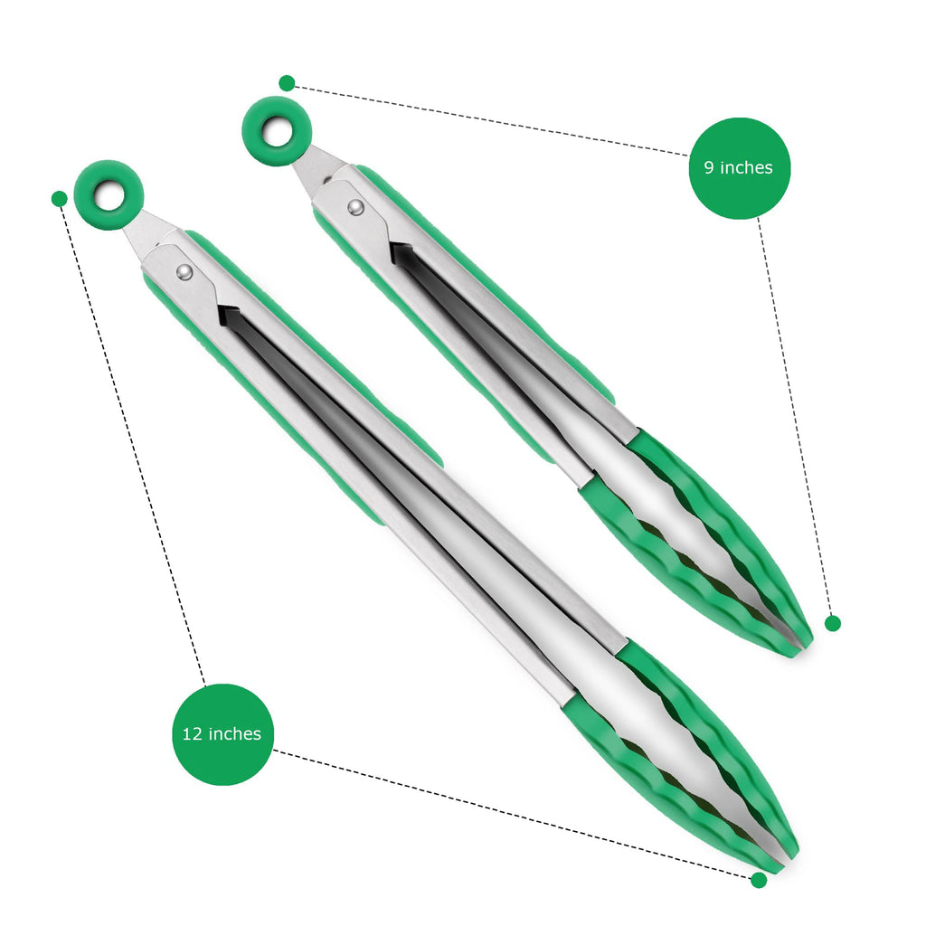 2 Pack Silicone Kitchen Tongs, 9 & 12 Inch, Stainless Steel, Black