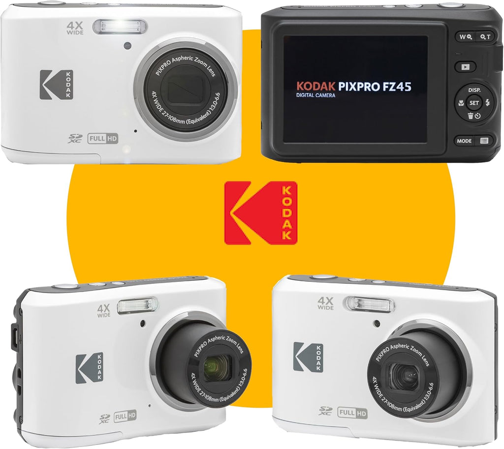 KODAK PIXPRO FZ45 16MP Digital Camera with 4X Optical Zoom 27mm Wide Angle and 2.7" LCD Screen Bundle with 32GB SD Memory Card, AA Batteries (4 Pack), Lens Cleaning Cloth (White)