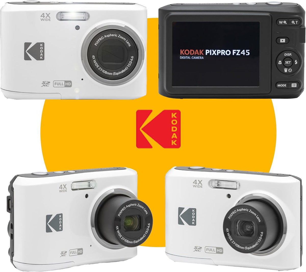 KODAK PIXPRO FZ45 16MP Digital Camera with 4X Optical Zoom 27mm Wide Angle and 2.7" LCD Screen Bundle with 32GB SD Memory Card, AA Batteries (4 Pack), Lens Cleaning Cloth (White)