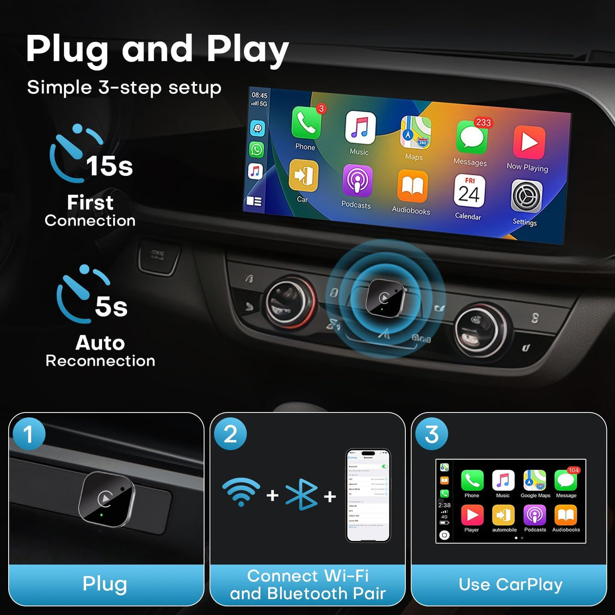 2-in-1 Wireless Auto Adapter for CarPlay and Android, Plug and Play CarPlay Dongle Converts Wired to Wireless, Fast Auto Connection, No Lag, Compact Design for iPhone and Android