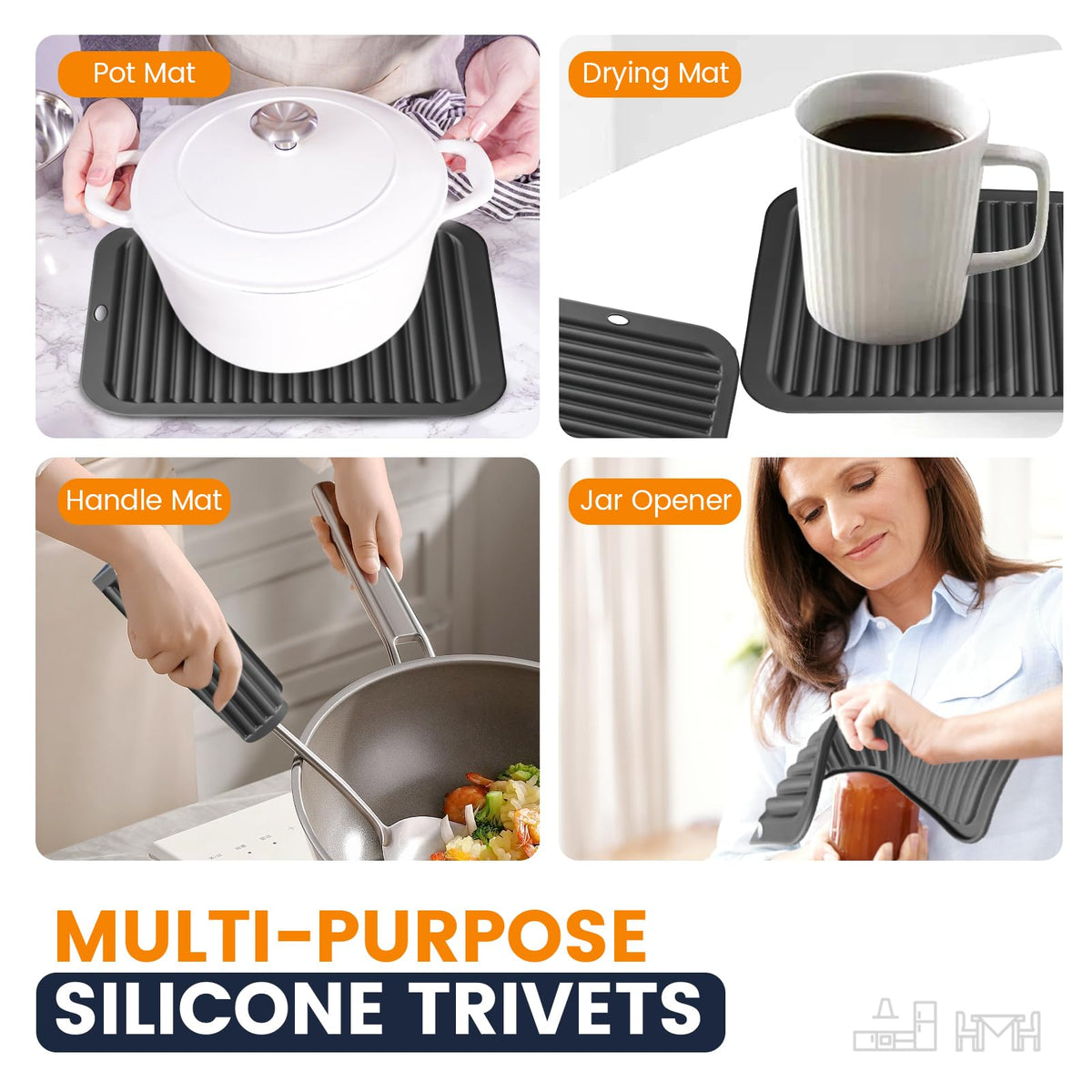Silicone Trivet Mats 4 Heat Resistant Pot Holders Multipurpose Non-Slip Hot Pads for Kitchen Potholders, Drying mat, Jar Opener, Spoon Holder, Coaster(Dark Grey)