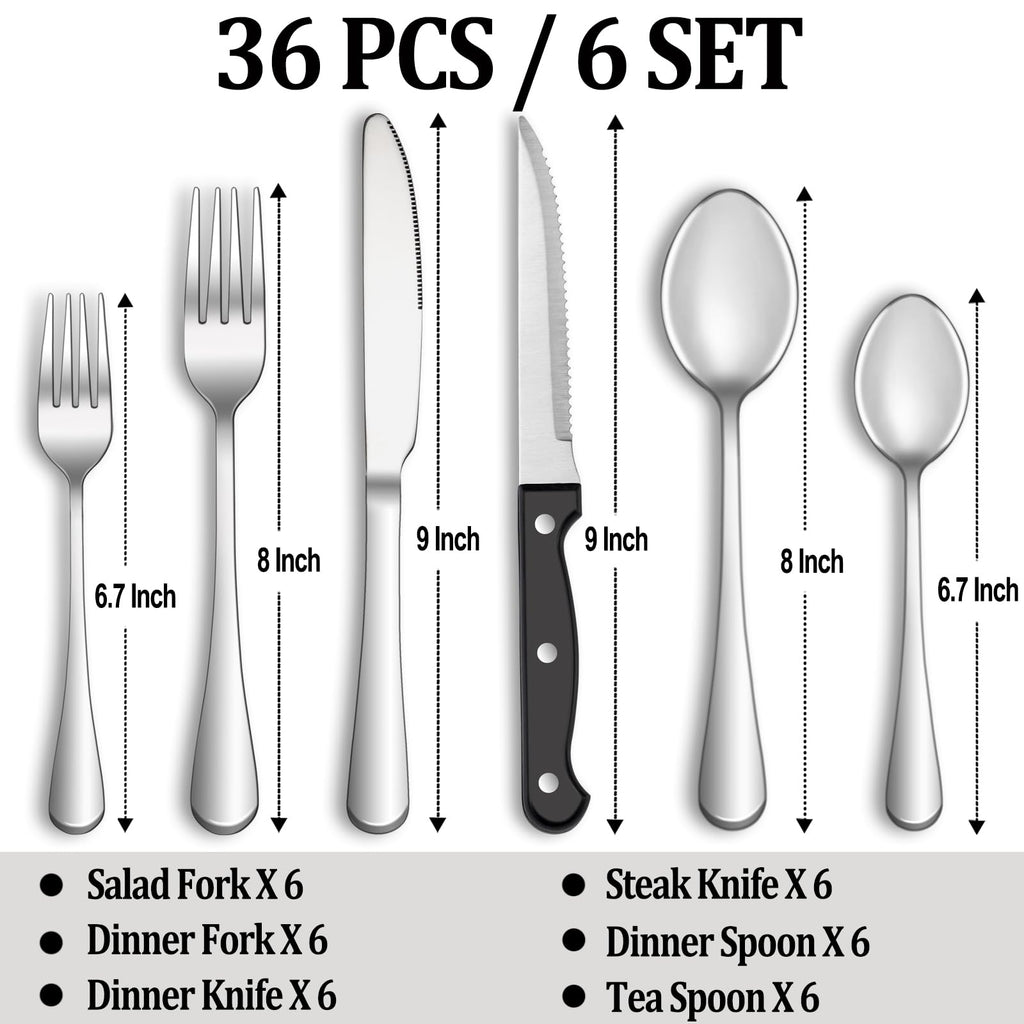 24 Pcs Silverware Set with Steak Knives for 4, Stainless Steel Flatware Set, Mirror Polished Cutlery Utensil Sets, Home Kitchen Eating Tableware, Dishwasher Safe