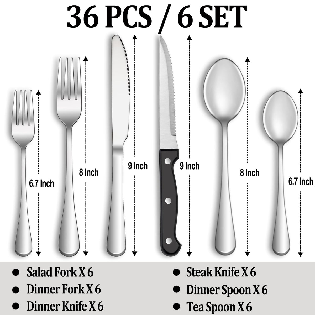 24 Pcs Silverware Set with Steak Knives for 4, Stainless Steel Flatware Set, Mirror Polished Cutlery Utensil Sets, Home Kitchen Eating Tableware, Dishwasher Safe