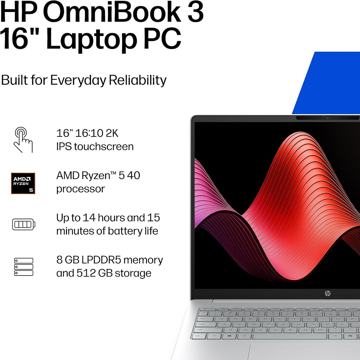 HP OmniBook 3 16 inch Laptop PC, 2K Touchscreen, AMD Ryzen 5 40, 8 GB RAM, 512 GB SSD, AMD Radeon 610M GPU, Windows 11 Home, Glacier Silver, 16-by0499nr