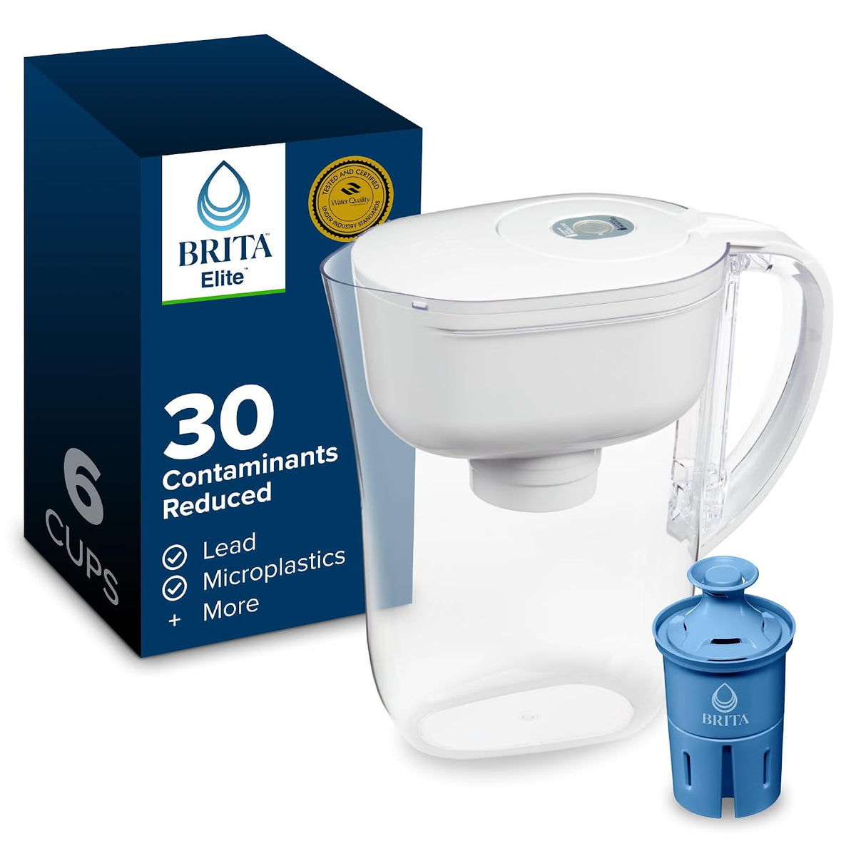 Brita Small 6 Cup Water Filter Pitcher, 1 Elite Filter, Metro, White
