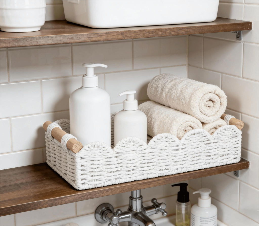 CubesLand Scalloped Toilet Paper Storage Basket W/Handle for Home Decor