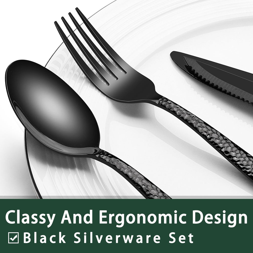EWFEN 24-Piece Black Silverware Set with Steak Knives, Black Flatware Set for 4, Food-Grade Stainless Steel Tableware Cutlery Set, Mirror Finished Utensil Sets for Home Restaurant, Round Edge