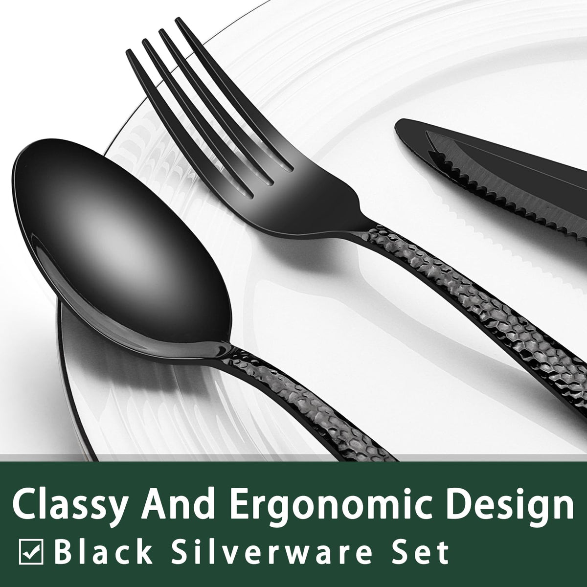 EWFEN 24-Piece Black Silverware Set with Steak Knives, Black Flatware Set for 4, Food-Grade Stainless Steel Tableware Cutlery Set, Mirror Finished Utensil Sets for Home Restaurant, Round Edge