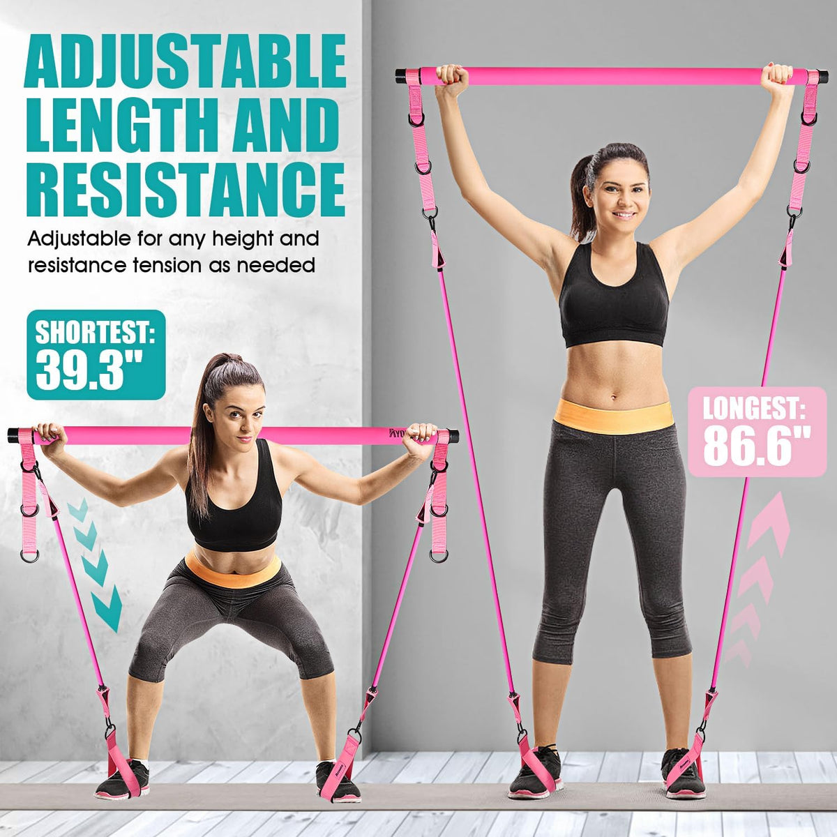 Pilates Bar Kit with Resistance Bands, Adjustable Pink Workout Set