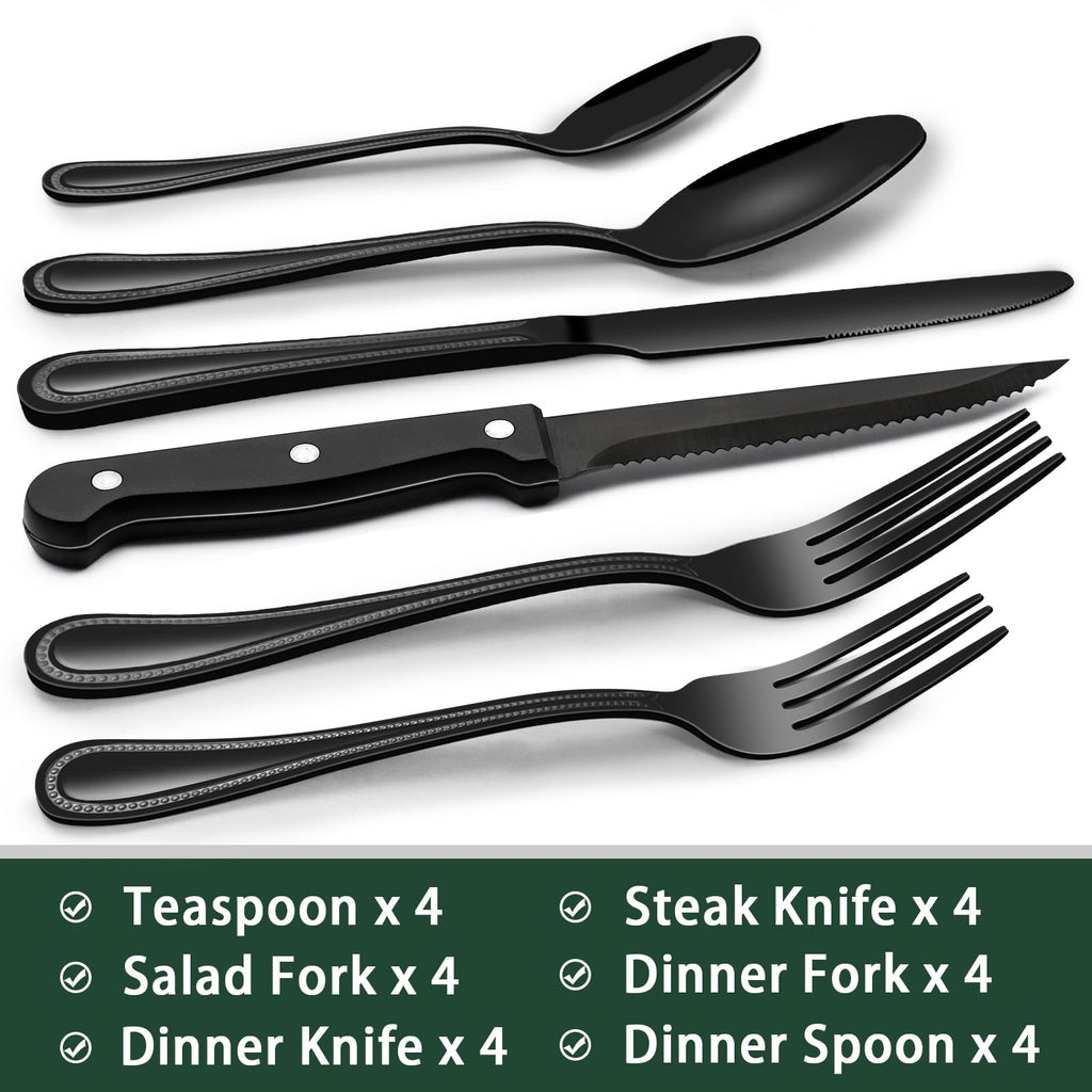 EWFEN 24-Piece Black Silverware Set with Steak Knives, Black Flatware Set for 4, Food-Grade Stainless Steel Tableware Cutlery Set, Mirror Finished Utensil Sets for Home Restaurant, Round Edge