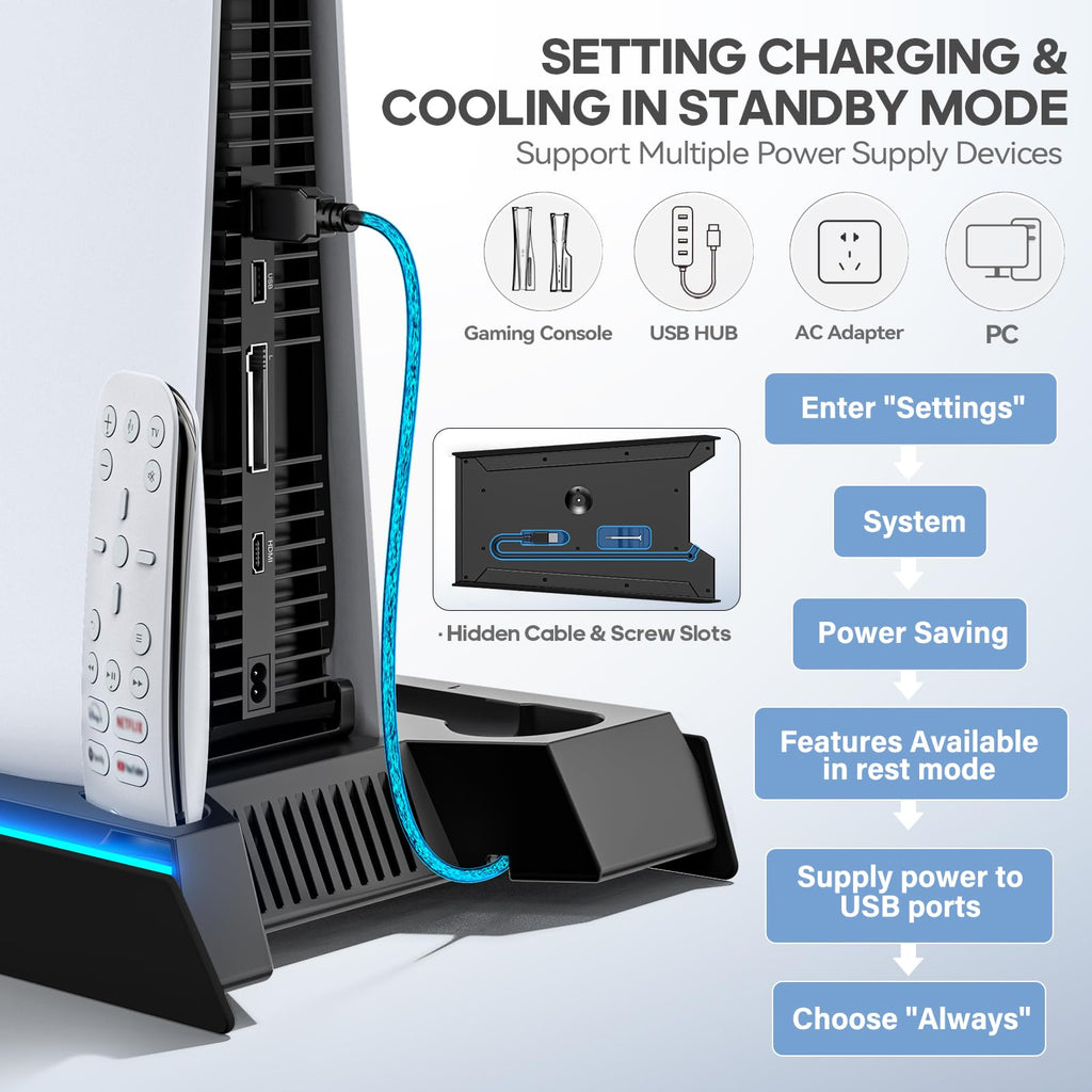 PS5/Slim/Pro Stand for Disc & Digital Console, PS5 Cooling & Charging Station with RGB Lights, PS5 Controller Charger Built-in 3 Level & AUTO Adjustable Fan, Accessories for PlayStation 4 Chargers