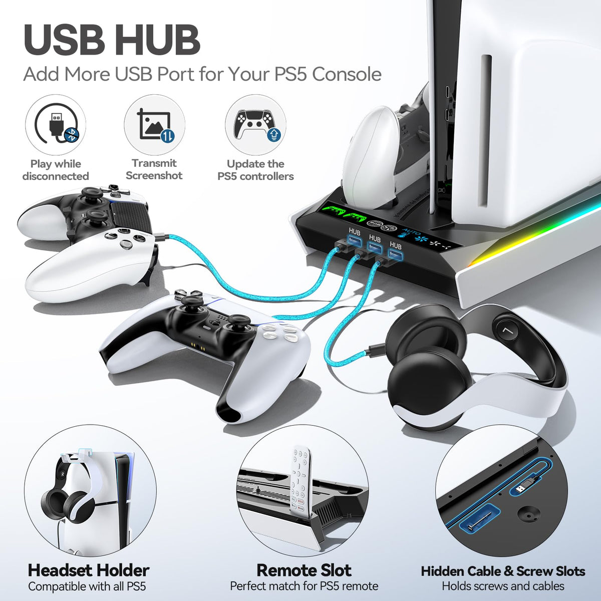 PS5/Slim/Pro Stand for Disc & Digital Console, PS5 Cooling & Charging Station with RGB Lights, PS5 Controller Charger Built-in 3 Level & AUTO Adjustable Fan, Accessories for PlayStation 4 Chargers