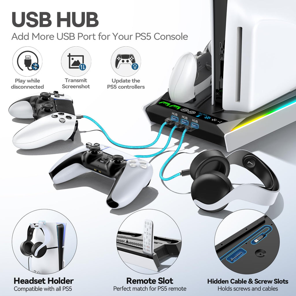 PS5/Slim/Pro Stand for Disc & Digital Console, PS5 Cooling & Charging Station with RGB Lights, PS5 Controller Charger Built-in 3 Level & AUTO Adjustable Fan, Accessories for PlayStation 4 Chargers