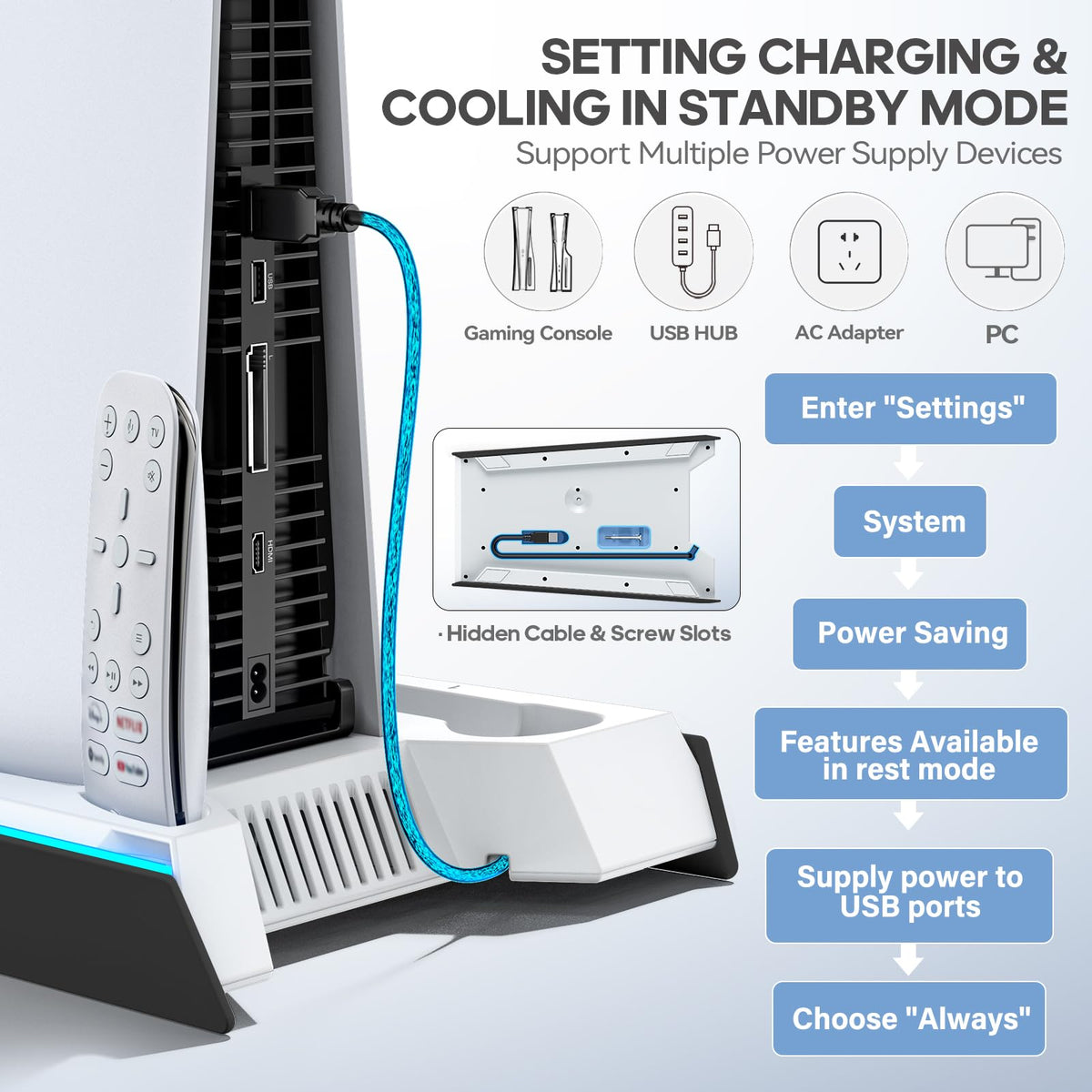 PS5/Slim/Pro Stand for Disc & Digital Console, PS5 Cooling & Charging Station with RGB Lights, PS5 Controller Charger Built-in 3 Level & AUTO Adjustable Fan, Accessories for PlayStation 4 Chargers