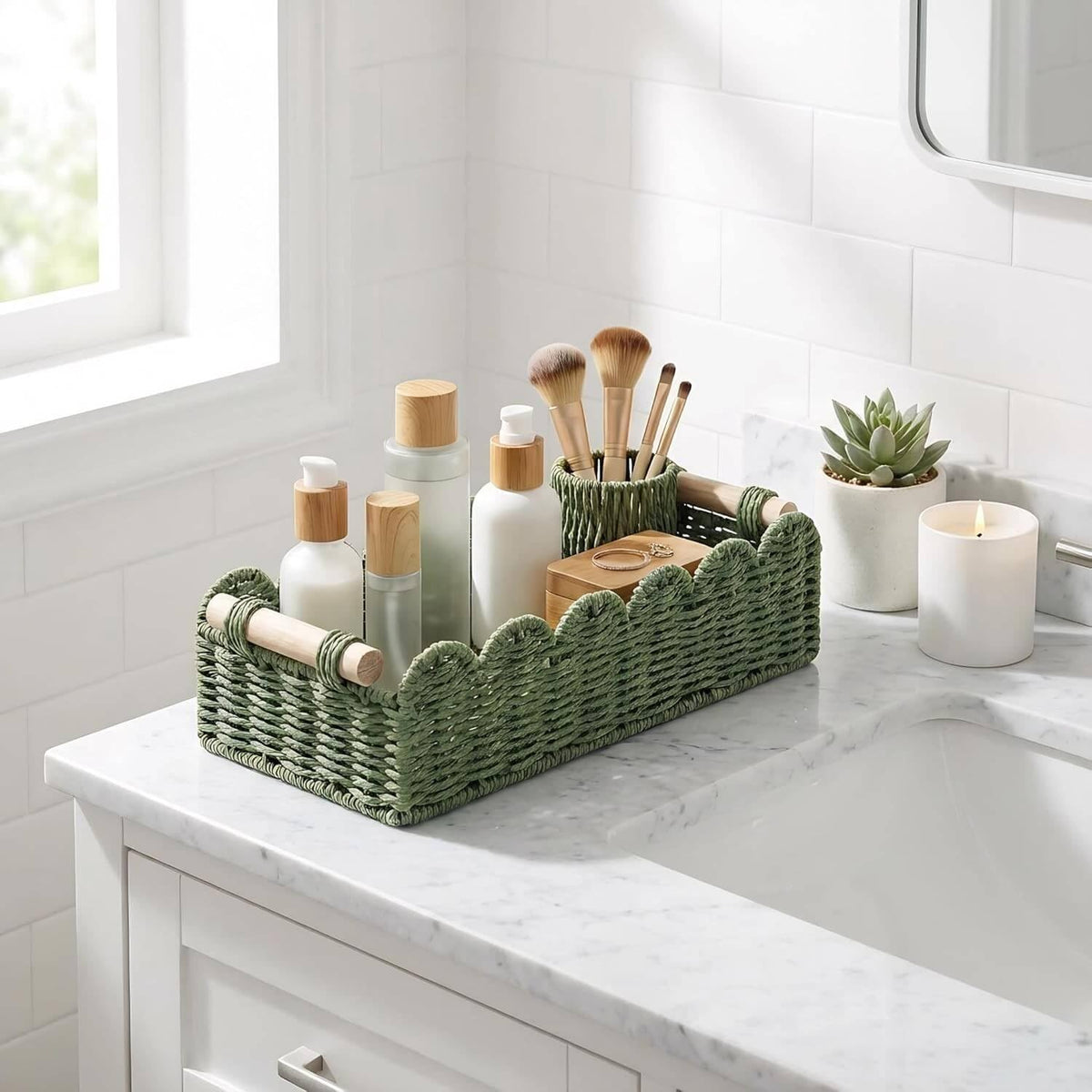 CubesLand Scalloped Toilet Paper Storage Basket W/Handle for Home Decor
