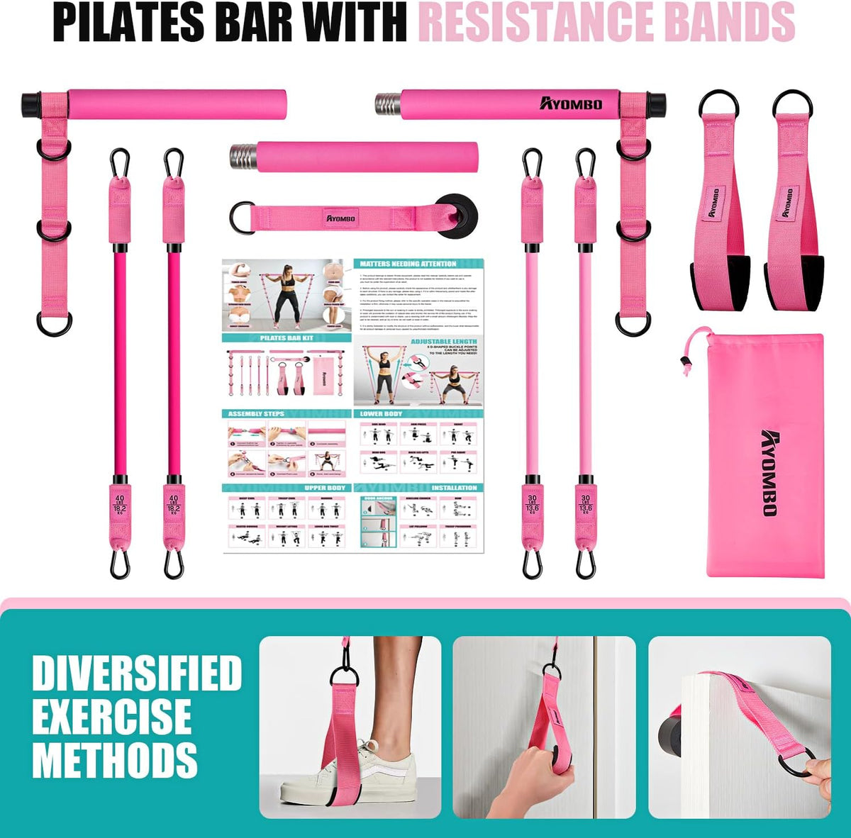 Pilates Bar Kit with Resistance Bands, Adjustable Pink Workout Set