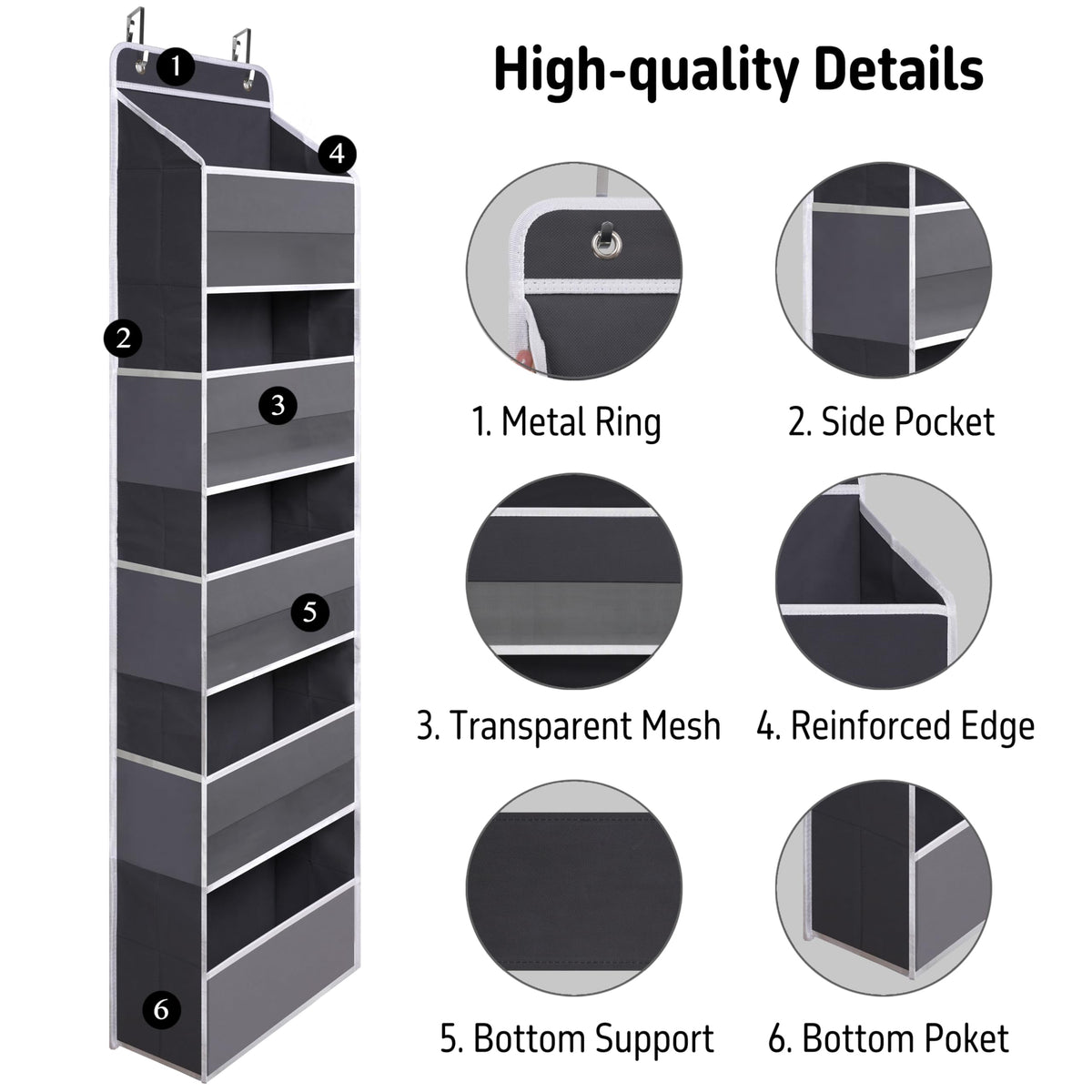 TYMENSH Over the Door Organizer for Bedroom Bathroom Pantry, 5 Shelf Black