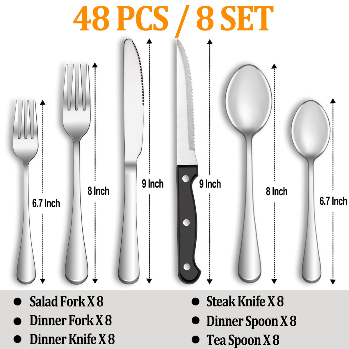 24 Pcs Silverware Set with Steak Knives for 4, Stainless Steel Flatware Set, Mirror Polished Cutlery Utensil Sets, Home Kitchen Eating Tableware, Dishwasher Safe