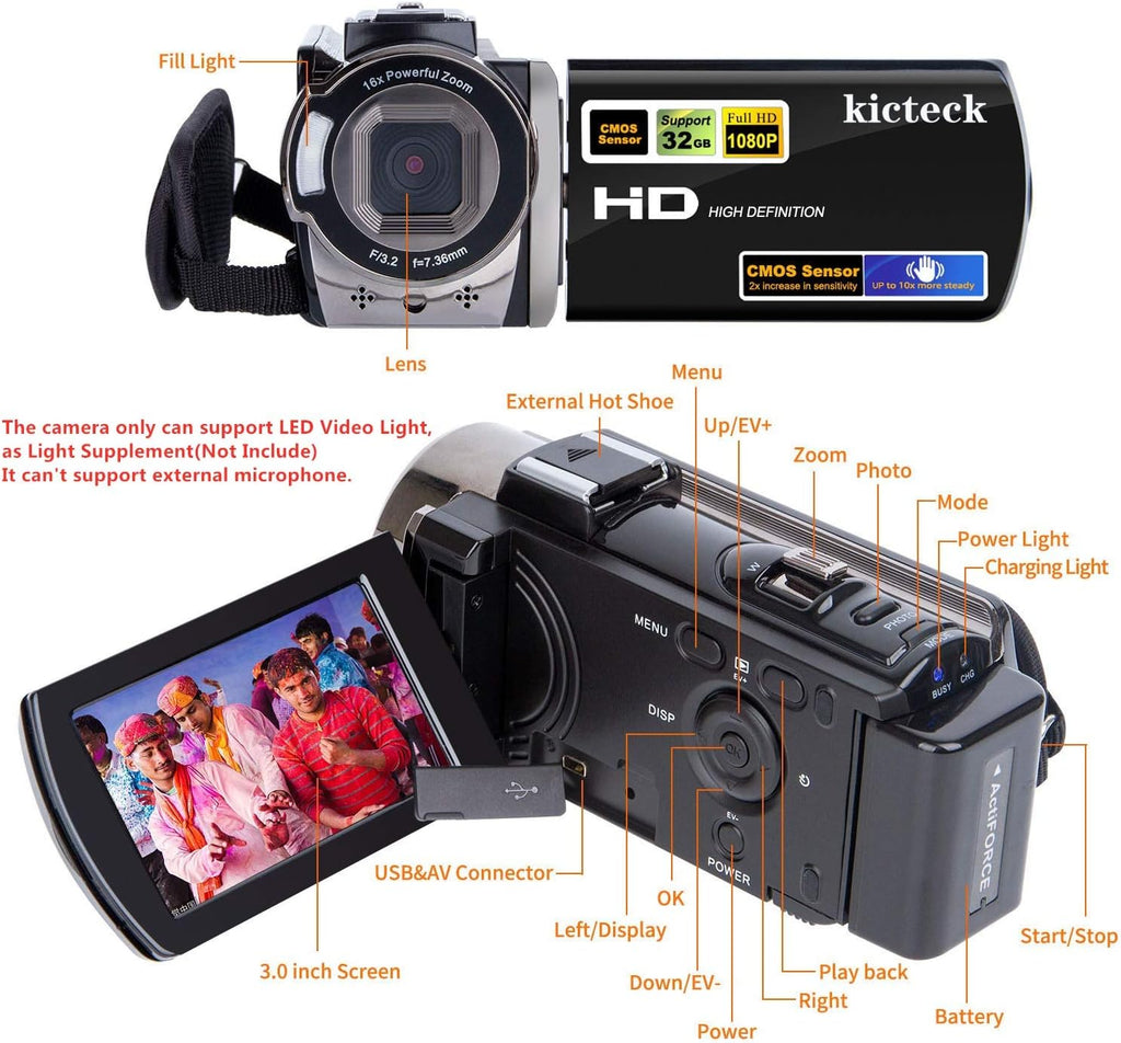 kicteck Video Camera Camcorder Digital Camera Recorder Full HD 1080P 1 ...