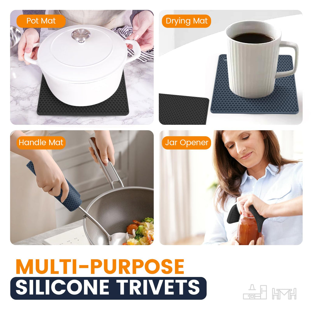 Silicone Trivet Mats 4 Heat Resistant Pot Holders Multipurpose Non-Slip Hot Pads for Kitchen Potholders, Drying mat, Jar Opener, Spoon Holder, Coaster(Dark Grey)
