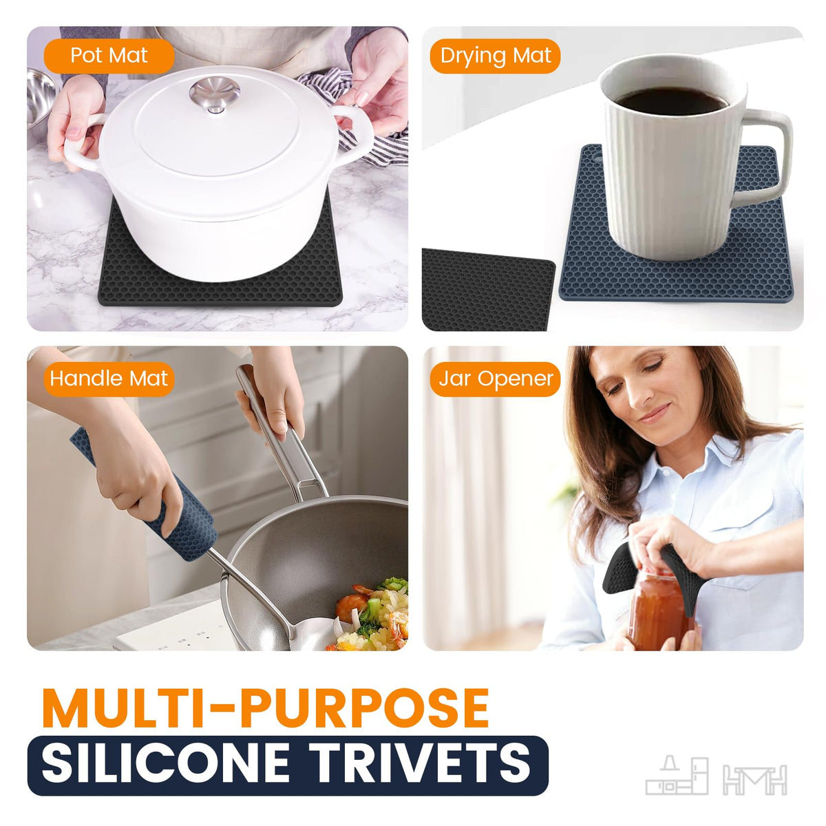 Silicone Trivet Mats 4 Heat Resistant Pot Holders Multipurpose Non-Slip Hot Pads for Kitchen Potholders, Drying mat, Jar Opener, Spoon Holder, Coaster(Dark Grey)