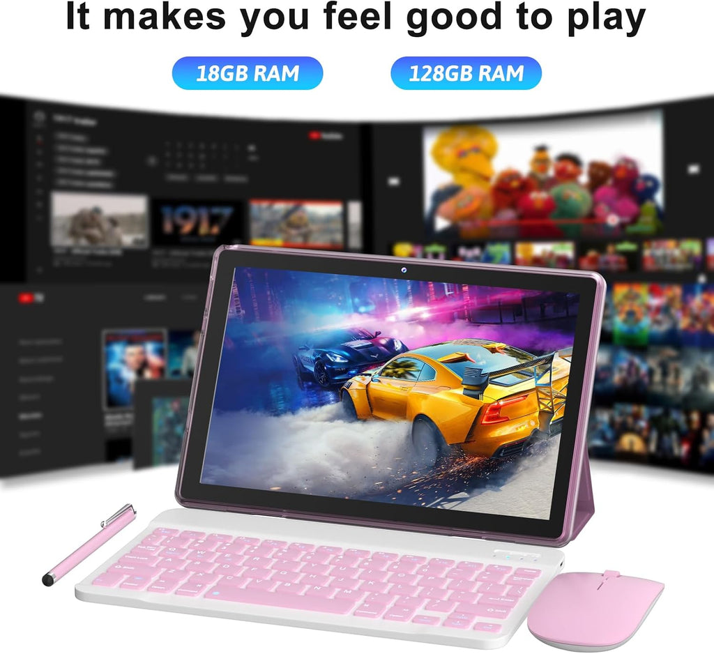 IWEGGO Android 15 Tablet, 10 Inch 18GB RAM+128GB ROM/ 2TB Expandable Tablet, 2.0GHz Quad-core Processor, 1280*800 HD Touch Screen, 5G WiFi6 BT 5.0, 2 in 1 Tablets with Keyboard Case Mouse Stylus Pink