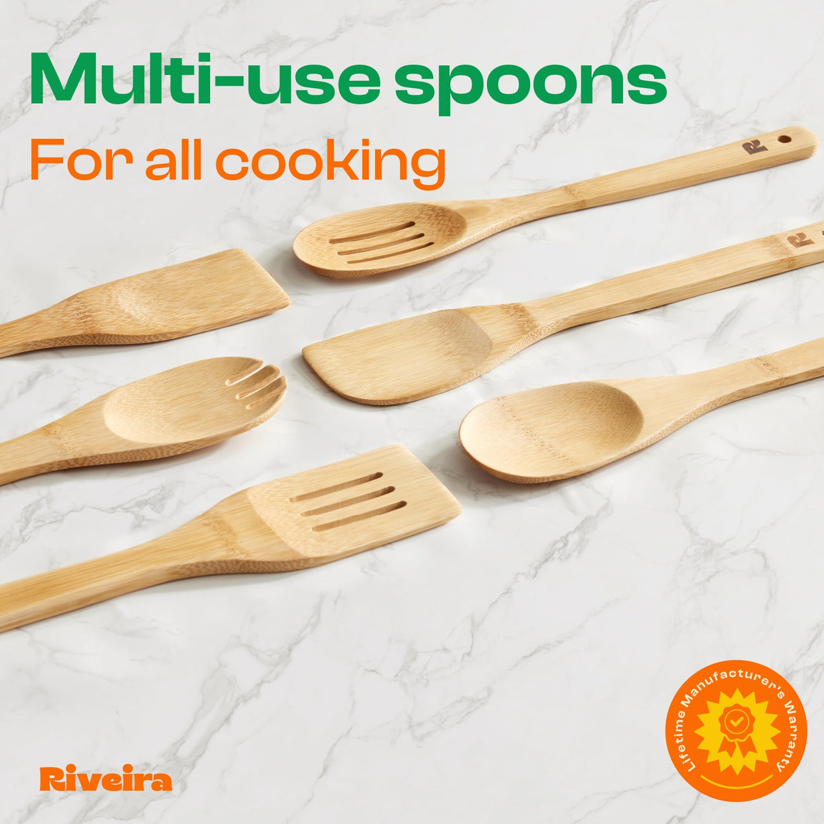Riveira Dark Bamboo Wooden Spoons for Cooking 6-Piece, Apartment Essentials Wood Spatula Spoon Nonstick Kitchen Utensil Set Premium Quality Housewarming Gifts for Everyday Use