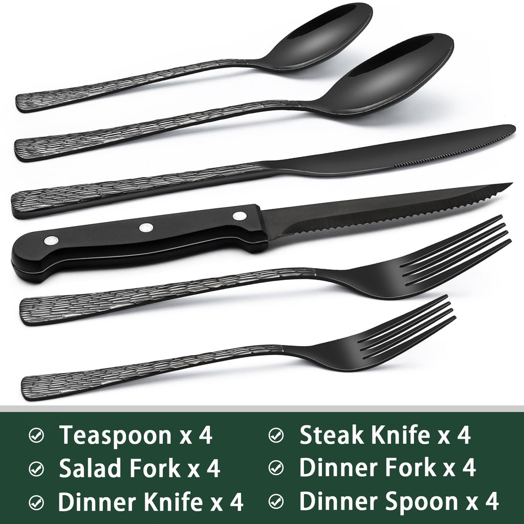 EWFEN 24-Piece Black Silverware Set with Steak Knives, Black Flatware Set for 4, Food-Grade Stainless Steel Tableware Cutlery Set, Mirror Finished Utensil Sets for Home Restaurant, Round Edge