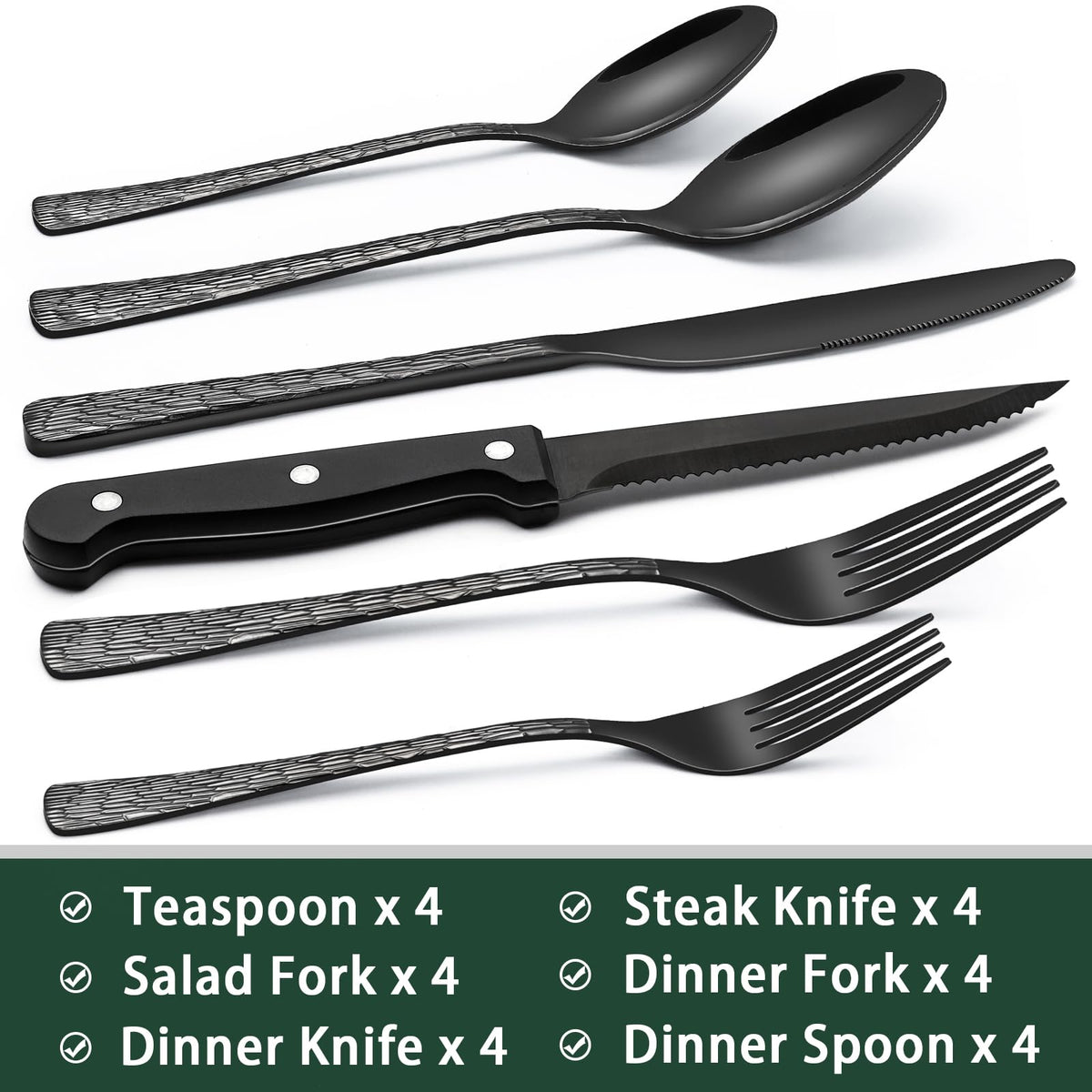 EWFEN 24-Piece Black Silverware Set with Steak Knives, Black Flatware Set for 4, Food-Grade Stainless Steel Tableware Cutlery Set, Mirror Finished Utensil Sets for Home Restaurant, Round Edge