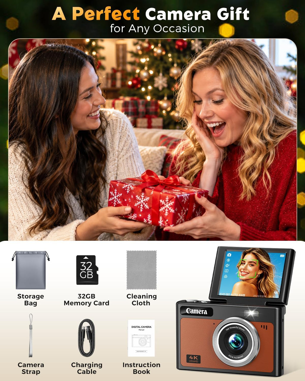 Digital Camera, 4K Autofocus Camera for Photography, 2.8" 180°Flip Screen, 48MP 16X Zoom Anti-Shake, Portable Compact Point and Shoot Camera for Teens Adults, 32GB Card, Gift for Boys Girls Beginners