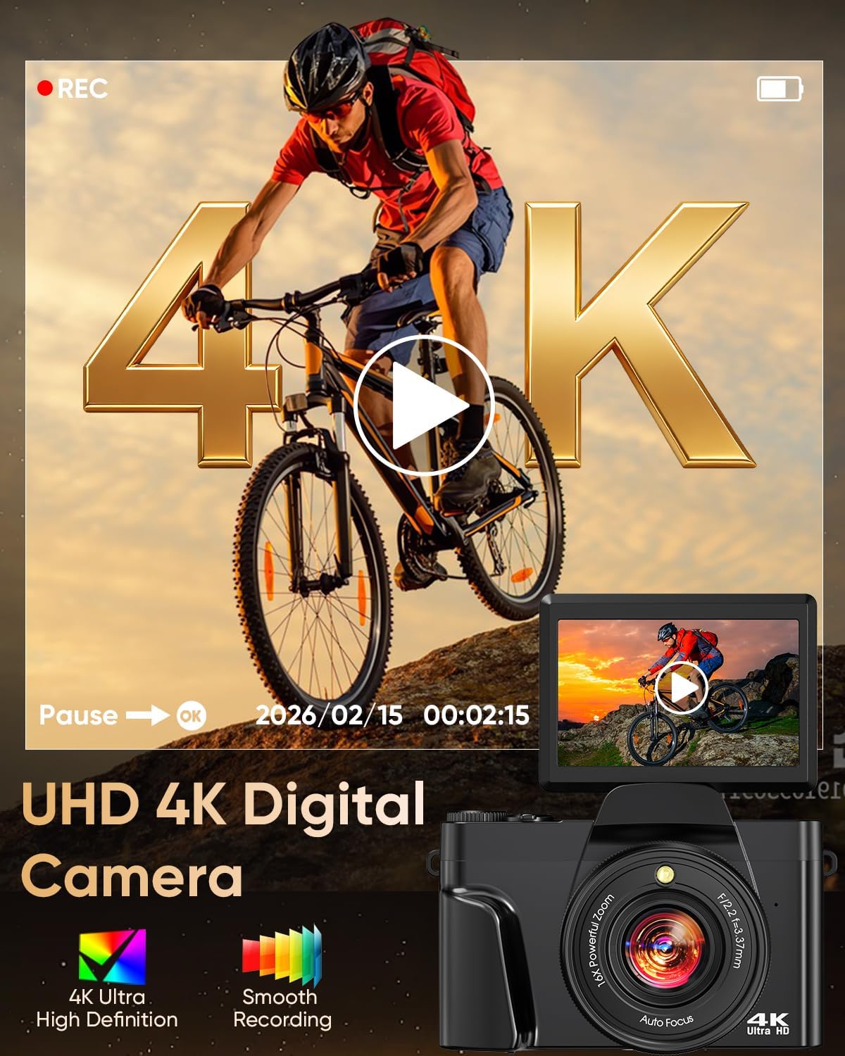 4K Digital Camera WiFi 180° Flip Screen Autofocus 64MP 16X Zoom, Black