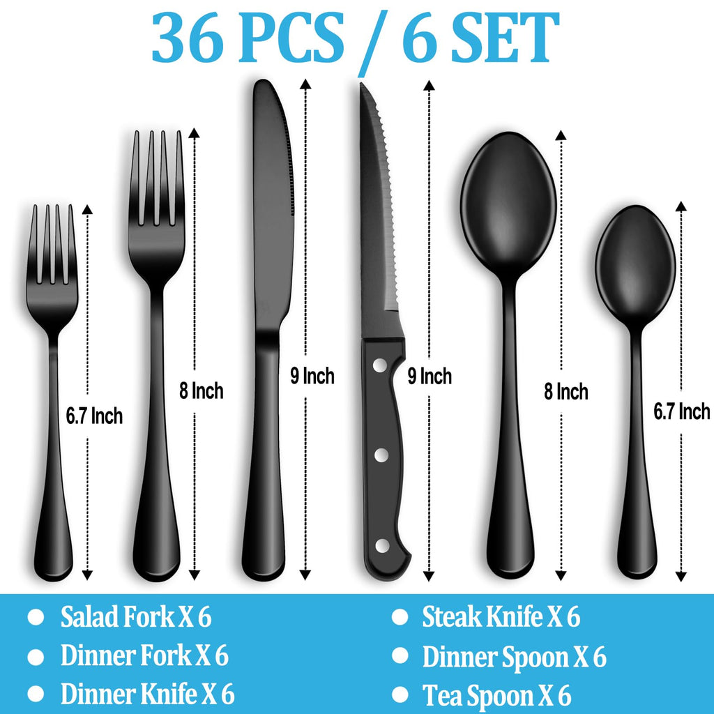 24 Pcs Silverware Set with Steak Knives for 4, Stainless Steel Flatware Set, Mirror Polished Cutlery Utensil Sets, Home Kitchen Eating Tableware, Dishwasher Safe