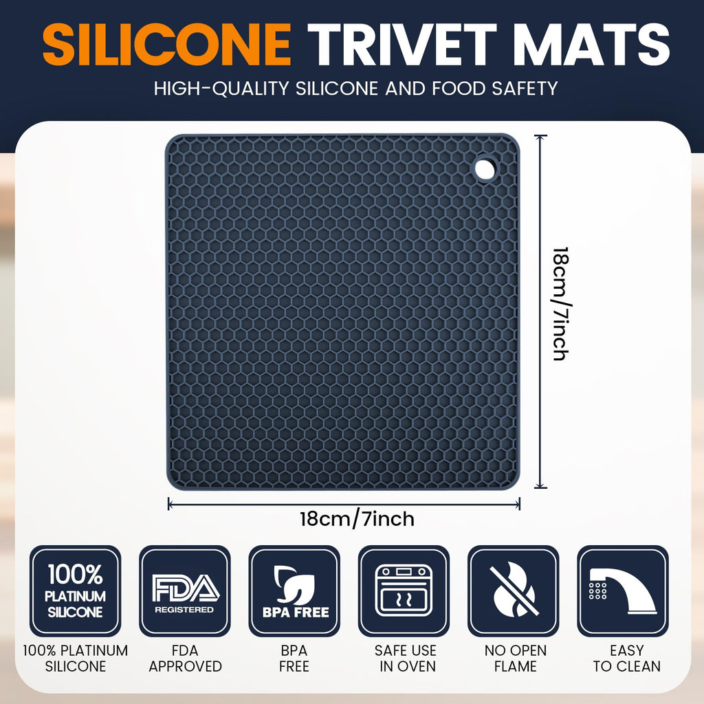 Silicone Trivet Mats 4 Heat Resistant Pot Holders Multipurpose Non-Slip Hot Pads for Kitchen Potholders, Drying mat, Jar Opener, Spoon Holder, Coaster(Dark Grey)