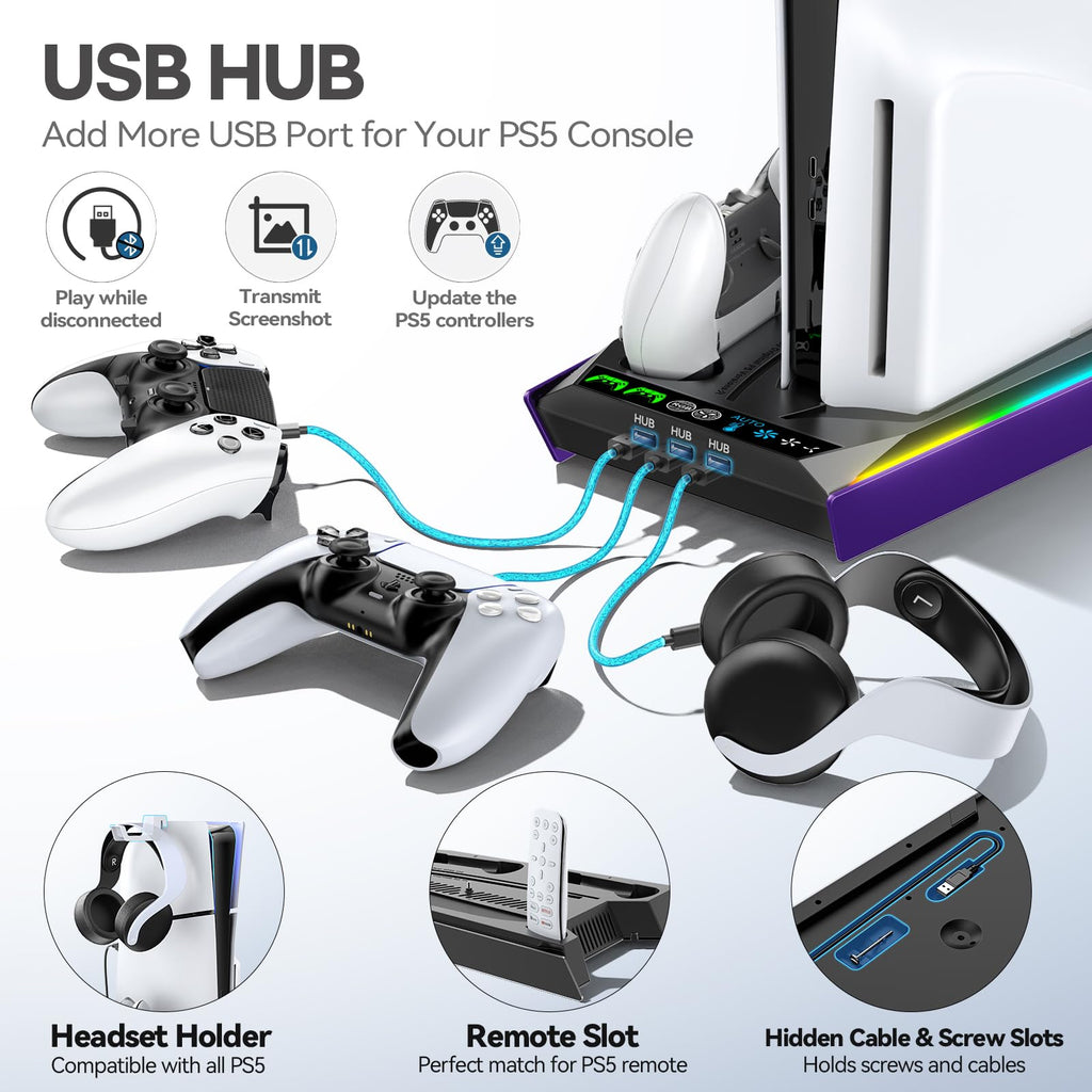 PS5/Slim/Pro Stand for Disc & Digital Console, PS5 Cooling & Charging Station with RGB Lights, PS5 Controller Charger Built-in 3 Level & AUTO Adjustable Fan, Accessories for PlayStation 4 Chargers