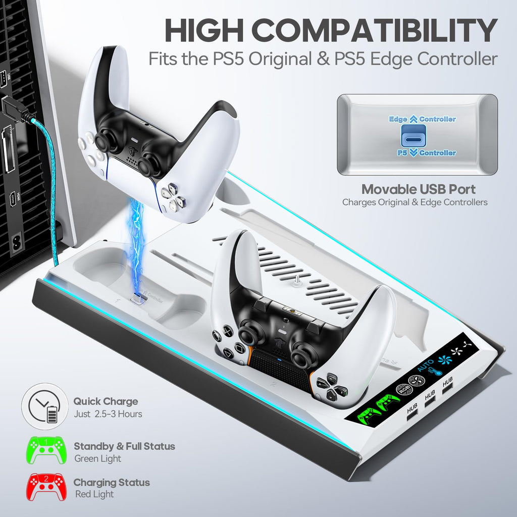 PS5/Slim/Pro Stand for Disc & Digital Console, PS5 Cooling & Charging Station with RGB Lights, PS5 Controller Charger Built-in 3 Level & AUTO Adjustable Fan, Accessories for PlayStation 4 Chargers
