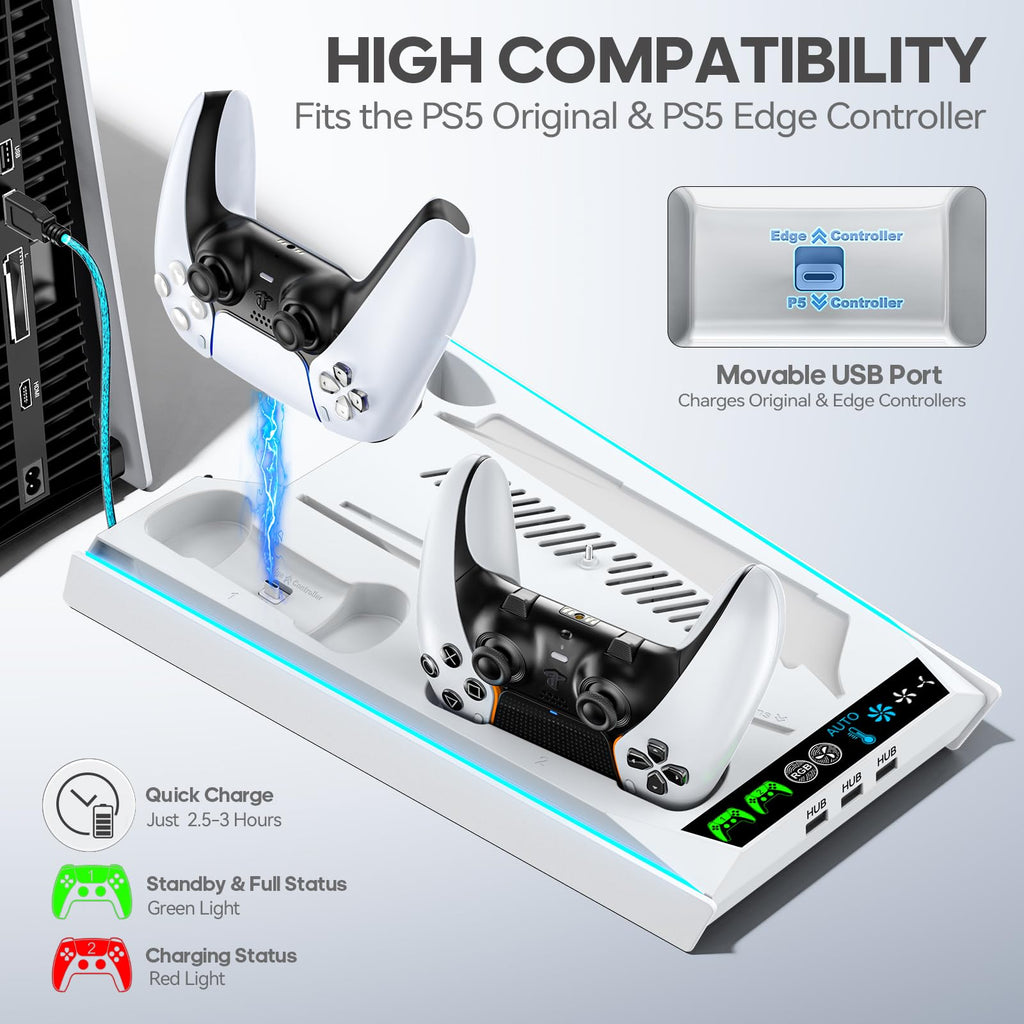 PS5/Slim/Pro Stand for Disc & Digital Console, PS5 Cooling & Charging Station with RGB Lights, PS5 Controller Charger Built-in 3 Level & AUTO Adjustable Fan, Accessories for PlayStation 4 Chargers