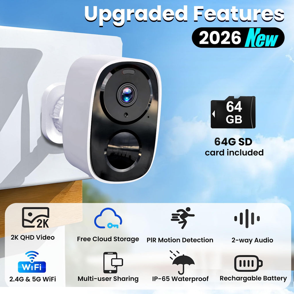 2026 Upgraded 2K Security Cameras Wireless Outdoor, Free Cloud Storage, 1-6 Months Battery Life, Waterproof, 2-Way Talk, AI Motion Detection Spotlight Siren Alarm Cameras for Home Security