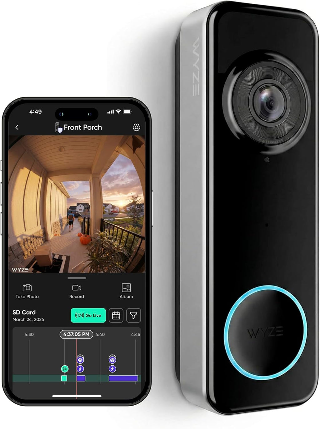 Wyze Battery Video Doorbell Wireless Camera, 1536x1536 HD+ with Color Night Vision, 2-Way Audio, 1:1 Head-to-Toe View, Person/Vehicle/Package Monitor, Wire-Free/Wired Option, 1 Minute Easy Setup
