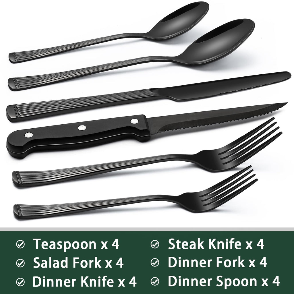 EWFEN 24-Piece Black Silverware Set with Steak Knives, Black Flatware Set for 4, Food-Grade Stainless Steel Tableware Cutlery Set, Mirror Finished Utensil Sets for Home Restaurant, Round Edge