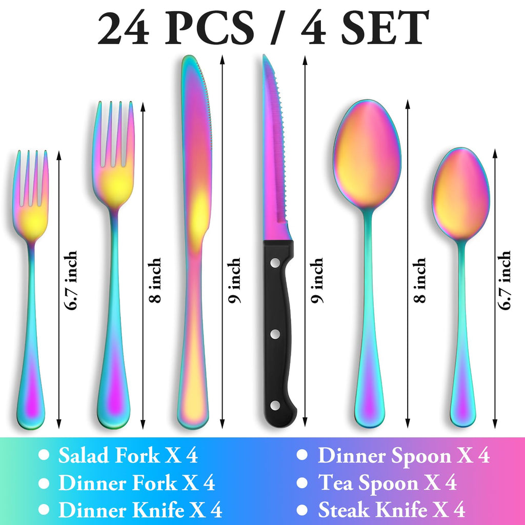24 Pcs Silverware Set with Steak Knives for 4, Stainless Steel Flatware Set, Mirror Polished Cutlery Utensil Sets, Home Kitchen Eating Tableware, Dishwasher Safe