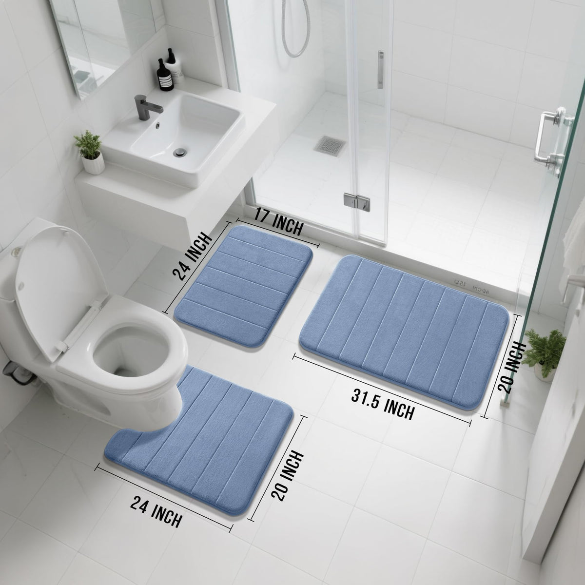 Yimobra Memory Foam Bath Mat Set 3 Pieces- Super Soft Absorbent Quick Dry Bathroom Rug Sets, Machine Washable Non Slip Floor Carpet for Tub Shower, Vanity & Toilet Base, Gray